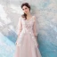 Romantic Blushing Pink Evening Dresses  2019 A-Line / Princess V-Neck Puffy 3/4 Sleeve Appliques Lace Feather Floor-Length / Long Ruffle Backless Formal Dresses