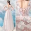 Romantic Blushing Pink Evening Dresses  2019 A-Line / Princess V-Neck Puffy 3/4 Sleeve Appliques Lace Feather Floor-Length / Long Ruffle Backless Formal Dresses