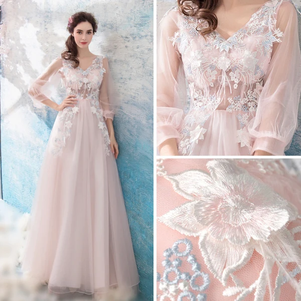 Romantic Blushing Pink Evening Dresses 2019 A-Line / Princess V-Neck Puffy 3/4 Sleeve Appliques Lace Feather Floor-Length / Long Ruffle Backless Formal Dresses