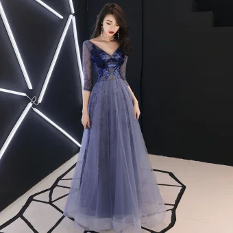 Illusion Bleu Roi Robe De Soirée 2019 Princesse V Cou 3 4 Manches Appliques Percé En Dentelle Longue Volants Dos Nu Robe De Ceremonie