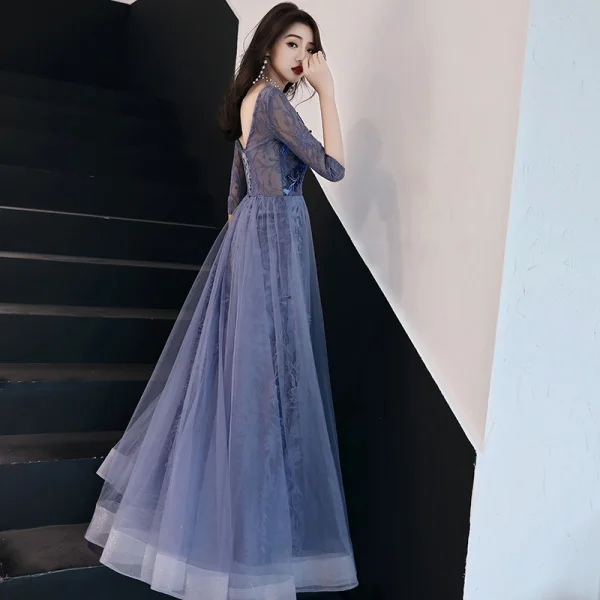 Illusion Royal Blue Evening Dresses  2019 A-Line / Princess V-Neck 3/4 Sleeve Appliques Pierced Lace Floor-Length / Long Ruffle Backless Formal Dresses