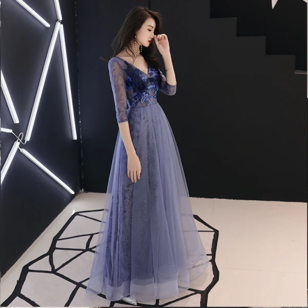 Illusion Royal Blue Evening Dresses  2019 A-Line / Princess V-Neck 3/4 Sleeve Appliques Pierced Lace Floor-Length / Long Ruffle Backless Formal Dresses