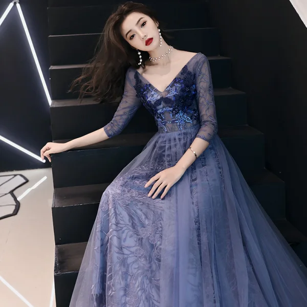 Illusion Royal Blue Evening Dresses  2019 A-Line / Princess V-Neck 3/4 Sleeve Appliques Pierced Lace Floor-Length / Long Ruffle Backless Formal Dresses