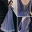 Illusion Royal Blue Evening Dresses  2019 A-Line / Princess V-Neck 3/4 Sleeve Appliques Pierced Lace Floor-Length / Long Ruffle Backless Formal Dresses