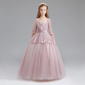 Vintage Blushing Pink Flower Girl Dresses 2017 Ball Gown Square Neckline 3 4 Sleeve Appliques Lace Sash Floor Length Long Ruffle Wedding Party Dresses