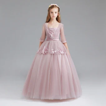 Vintage Originale Rougissant Rose Robe Ceremonie Fille 2017 Robe Boule Encolure Carrée 3 4 Manches Appliques En Dentelle Ceinture Longue Volants Robe Pour Mariage