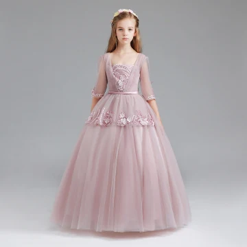 Vintage Blushing Pink Flower Girl Dresses 2017 Ball Gown Square Neckline 3 4 Sleeve Appliques Lace Sash Floor Length Long Ruffle Wedding Party Dresses