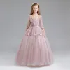 Vintage Blushing Pink Flower Girl Dresses 2017 Ball Gown Square Neckline 3/4 Sleeve Appliques Lace Sash Floor-Length / Long Ruffle Wedding Party Dresses
