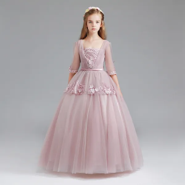Vintage Blushing Pink Flower Girl Dresses 2017 Ball Gown Square Neckline 3/4 Sleeve Appliques Lace Sash Floor-Length / Long Ruffle Wedding Party Dresses