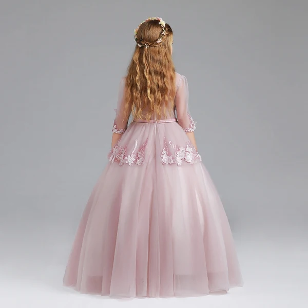 Vintage Blushing Pink Flower Girl Dresses 2017 Ball Gown Square Neckline 3/4 Sleeve Appliques Lace Sash Floor-Length / Long Ruffle Wedding Party Dresses
