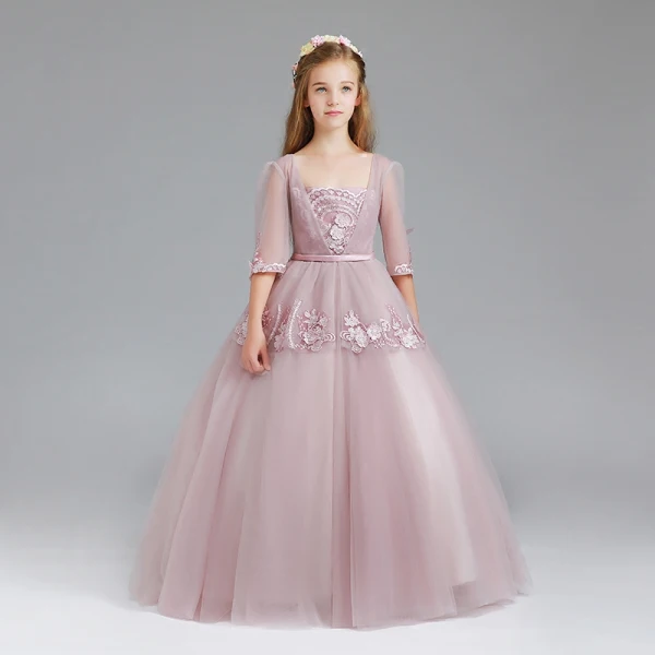 Vintage Blushing Pink Flower Girl Dresses 2017 Ball Gown Square Neckline 3/4 Sleeve Appliques Lace Sash Floor-Length / Long Ruffle Wedding Party Dresses