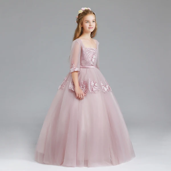 Vintage Blushing Pink Flower Girl Dresses 2017 Ball Gown Square Neckline 3/4 Sleeve Appliques Lace Sash Floor-Length / Long Ruffle Wedding Party Dresses