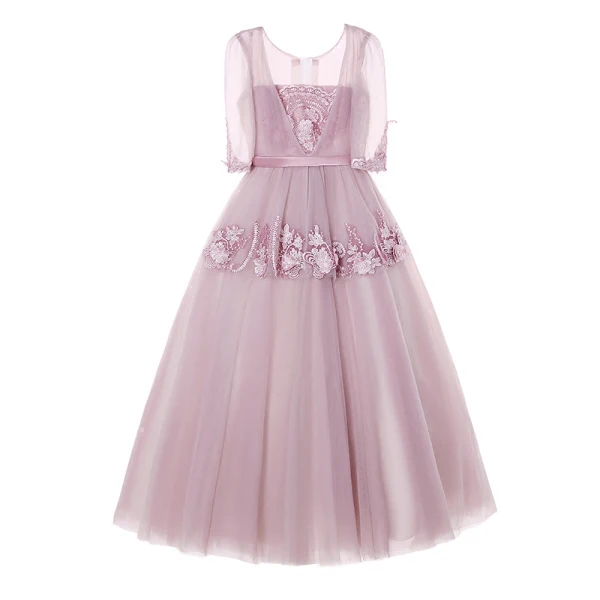 Vintage Blushing Pink Flower Girl Dresses 2017 Ball Gown Square Neckline 3/4 Sleeve Appliques Lace Sash Floor-Length / Long Ruffle Wedding Party Dresses