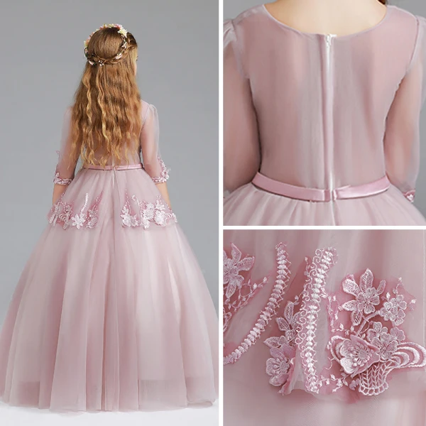 Vintage Blushing Pink Flower Girl Dresses 2017 Ball Gown Square Neckline 3/4 Sleeve Appliques Lace Sash Floor-Length / Long Ruffle Wedding Party Dresses