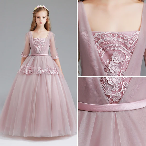 Vintage Blushing Pink Flower Girl Dresses 2017 Ball Gown Square Neckline 3/4 Sleeve Appliques Lace Sash Floor-Length / Long Ruffle Wedding Party Dresses