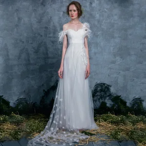 Modern Fashion Ivory Summer Wedding Dresses 2018 Empire One Shoulder Short Sleeve Backless Appliques Flower Feather Ruffle Watteau Train