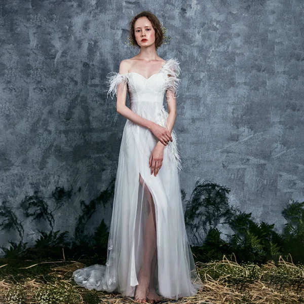 Modern / Fashion Ivory Summer Wedding Dresses 2018 Empire One-Shoulder Short Sleeve Backless Appliques Flower Feather Ruffle Watteau Train