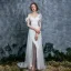 Modern / Fashion Ivory Summer Wedding Dresses 2018 Empire One-Shoulder Short Sleeve Backless Appliques Flower Feather Ruffle Watteau Train