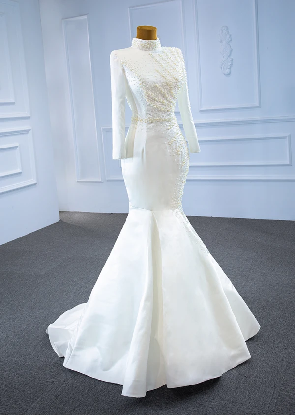 Luxury / Gorgeous Modest Muslim Ivory Satin Wedding Dresses 2021 Trumpet / Mermaid High Neck Long Sleeve Beading Pearl Crossed Straps Detachable Cathedral Train Church