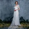 Modern / Fashion Ivory Summer Wedding Dresses 2018 Empire One-Shoulder Short Sleeve Backless Appliques Flower Feather Ruffle Watteau Train