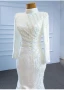 Luxury / Gorgeous Modest  Muslim Ivory Satin Wedding Dresses 2021 Trumpet / Mermaid High Neck Long Sleeve Beading Pearl Crossed Straps Detachable Cathedral Train Church