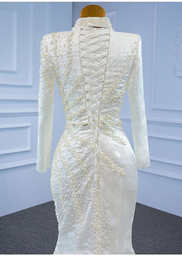 Luxury / Gorgeous Modest Muslim Ivory Satin Wedding Dresses 2021 Trumpet / Mermaid High Neck Long Sleeve Beading Pearl Crossed Straps Detachable Cathedral Train Church