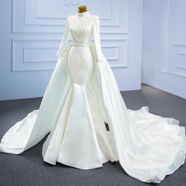 Luxury / Gorgeous Modest Muslim Ivory Satin Wedding Dresses 2021 Trumpet / Mermaid High Neck Long Sleeve Beading Pearl Crossed Straps Detachable Cathedral Train Church