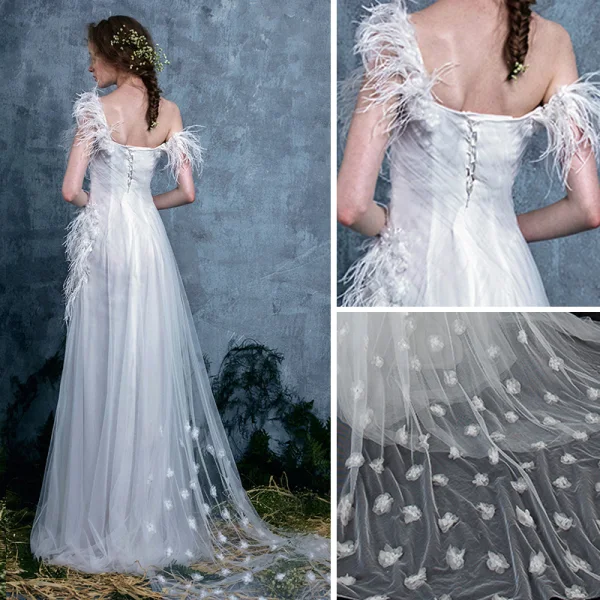 Modern / Fashion Ivory Summer Wedding Dresses 2018 Empire One-Shoulder Short Sleeve Backless Appliques Flower Feather Ruffle Watteau Train