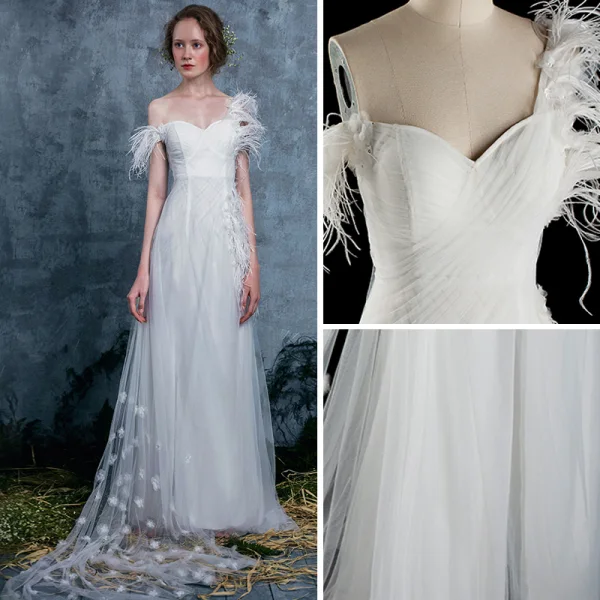 Modern / Fashion Ivory Summer Wedding Dresses 2018 Empire One-Shoulder Short Sleeve Backless Appliques Flower Feather Ruffle Watteau Train