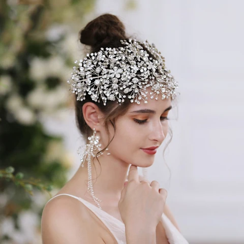 Elegant Silver Alloy Bridal Jewelry 2021 Headpieces Tassel Earrings Rhinestone Flower Wedding Accessories