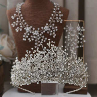 Charming Silver Bridal Jewelry 2021 Alloy Rhinestone Earrings Necklace Tiara Wedding Accessories
