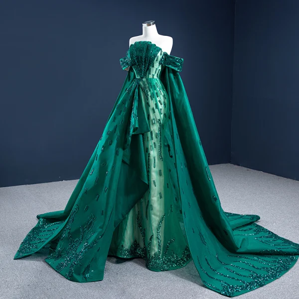 Luxe Vert Foncé Tapis rouge Robe De Soirée 2021 Trompette / Sirène De l'épaule Manches Courtes Appliques Paillettes Watteau Train Volants Dos Nu Robe De Ceremonie