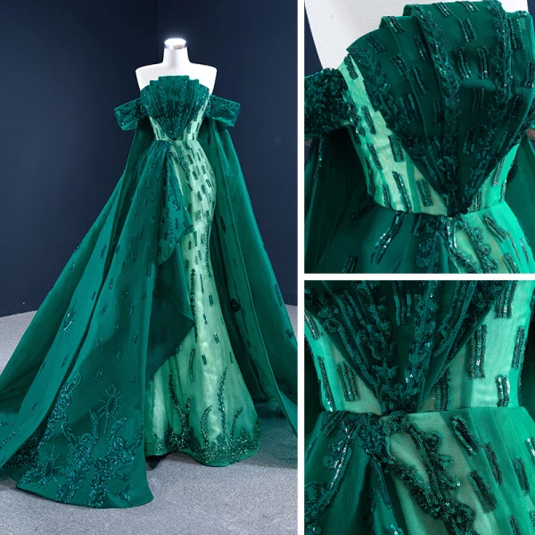 Luxe Vert Foncé Tapis rouge Robe De Soirée 2021 Trompette / Sirène De l'épaule Manches Courtes Appliques Paillettes Watteau Train Volants Dos Nu Robe De Ceremonie