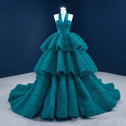 Luxury / Gorgeous Ink Blue Prom Dresses 2021 Ball Gown Halter Sleeveless Cascading Ruffles Court Train Backless Formal Dresses