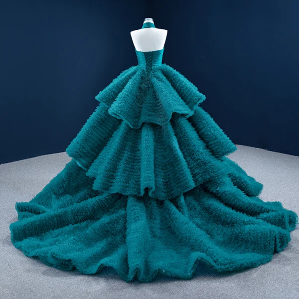 Luxury / Gorgeous Ink Blue Prom Dresses 2021 Ball Gown Halter Sleeveless Cascading Ruffles Court Train Backless Formal Dresses