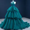 Luxury / Gorgeous Ink Blue Prom Dresses 2021 Ball Gown Halter Sleeveless Cascading Ruffles Court Train Backless Formal Dresses