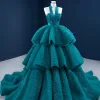 Luxury / Gorgeous Ink Blue Prom Dresses 2021 Ball Gown Halter Sleeveless Cascading Ruffles Court Train Backless Formal Dresses