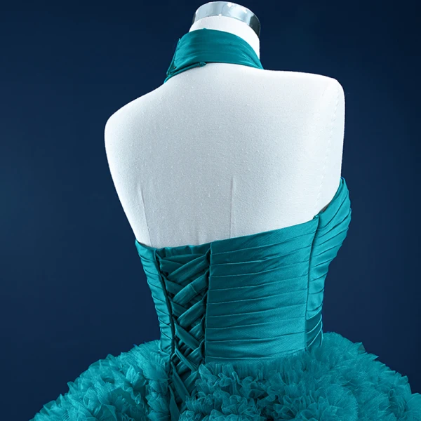 Luxury / Gorgeous Ink Blue Prom Dresses 2021 Ball Gown Halter Sleeveless Cascading Ruffles Court Train Backless Formal Dresses