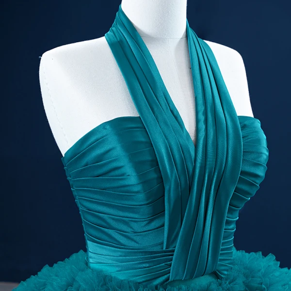 Luxury / Gorgeous Ink Blue Prom Dresses 2021 Ball Gown Halter Sleeveless Cascading Ruffles Court Train Backless Formal Dresses