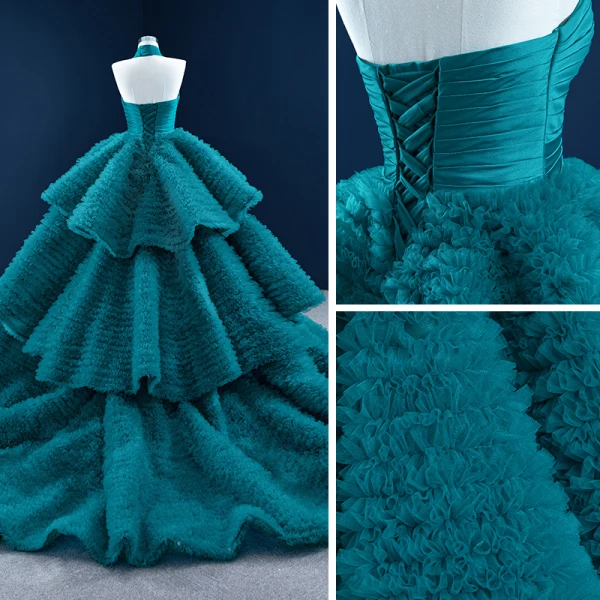 Luxury / Gorgeous Ink Blue Prom Dresses 2021 Ball Gown Halter Sleeveless Cascading Ruffles Court Train Backless Formal Dresses
