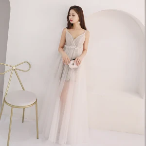 Affordable Grey Summer Evening Dresses 2018 A Line Princess Sleeveless Spaghetti Straps Floor Length Long Ruffle Backless Formal Dresses