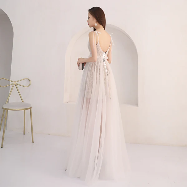 Affordable Grey Summer Evening Dresses 2018 A-Line / Princess Sleeveless Spaghetti Straps Floor-Length / Long Ruffle Backless Formal Dresses