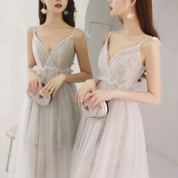 Affordable Grey Summer Evening Dresses 2018 A-Line / Princess Sleeveless Spaghetti Straps Floor-Length / Long Ruffle Backless Formal Dresses