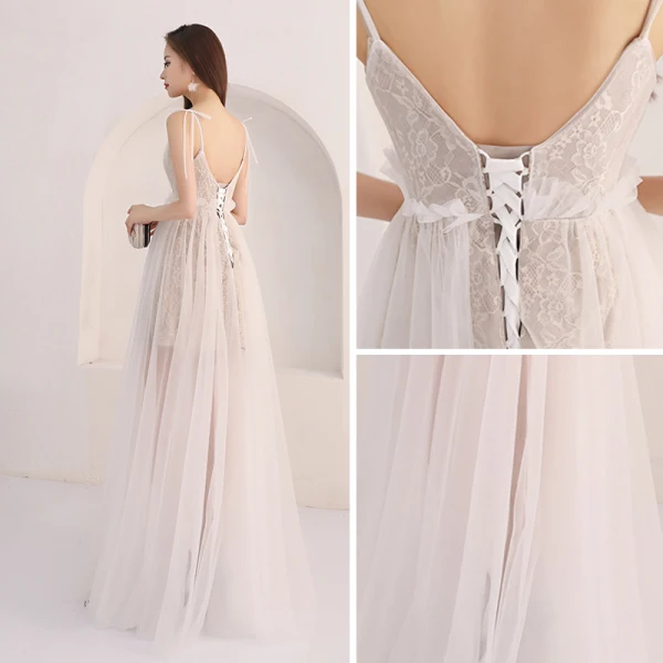 Affordable Grey Summer Evening Dresses 2018 A-Line / Princess Sleeveless Spaghetti Straps Floor-Length / Long Ruffle Backless Formal Dresses