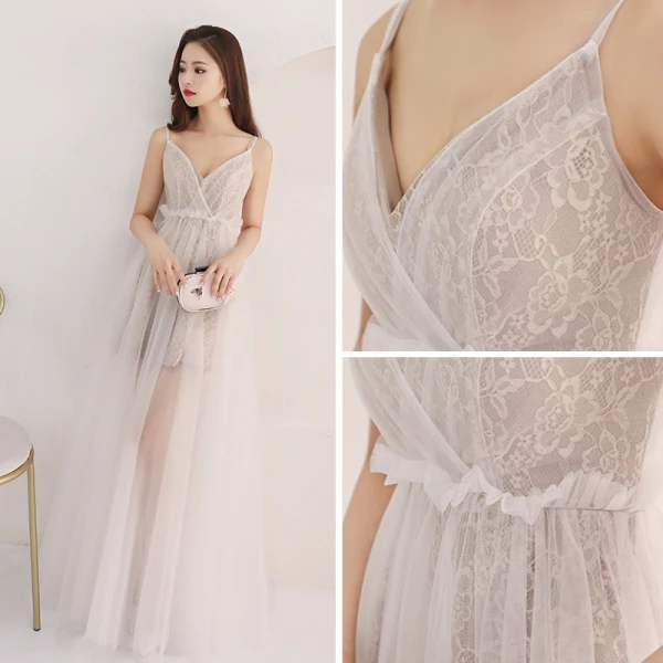 Affordable Grey Summer Evening Dresses 2018 A-Line / Princess Sleeveless Spaghetti Straps Floor-Length / Long Ruffle Backless Formal Dresses