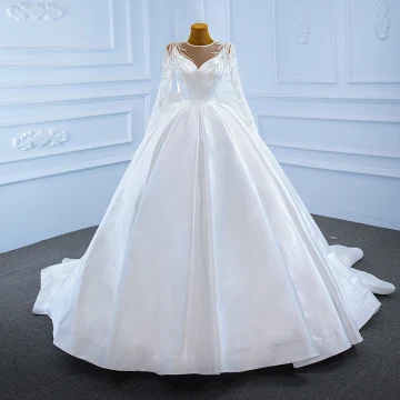 Luxury Gorgeous White Satin Bridal Wedding Dresses 2021 Ball Gown See Through Scoop Neck Long Sleeve Backless Beading Sequins Bow Sash Court Train
