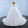 Luxury / Gorgeous White Satin Bridal Wedding Dresses 2021 Ball Gown See-through Scoop Neck Long Sleeve Backless Beading Sequins Bow Sash Court Train