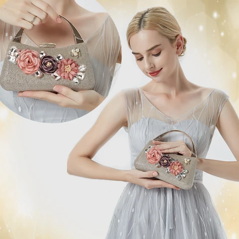 Moda Champán Flor Bolsas de embrague 2021 Metal Rebordear Perla Rhinestone