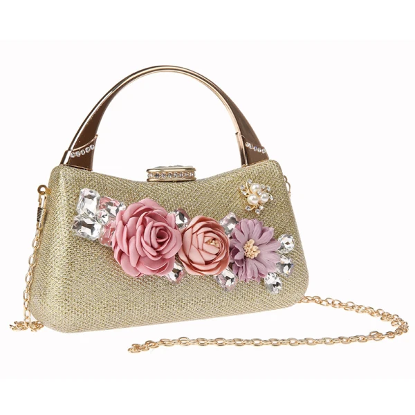 Fashion Champagne Flower Clutch Bags 2021 Metal Beading Pearl Rhinestone