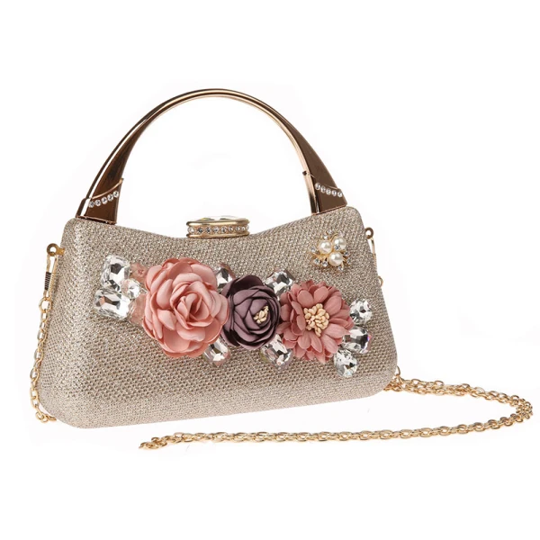 Fashion Champagne Flower Clutch Bags 2021 Metal Beading Pearl Rhinestone